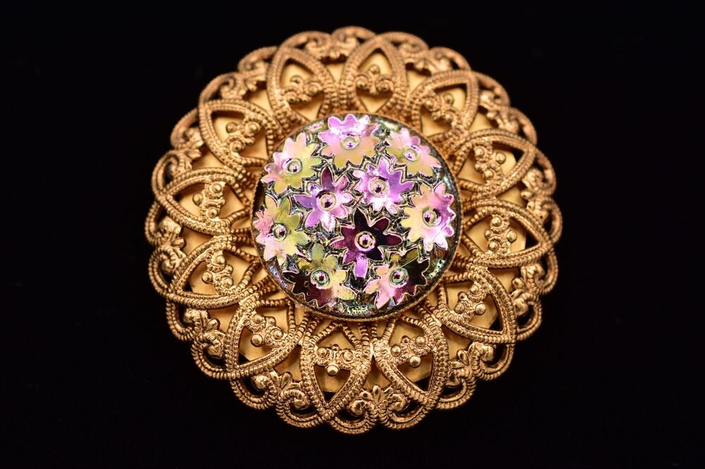 West Germany Vintage Scarf Clip Iridescent Floral Gold Tone Filigree 1950s BinBG